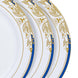 10 Pack | White Royal Blue Rim 8inch Plastic Appetizer Salad Plates, Round Gold Vine Design#whtbkgd