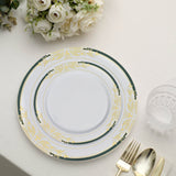 10 Pack | 10inch White With Hunter Emerald Green Rim Plastic Dinner Plates With Gold Vine Design