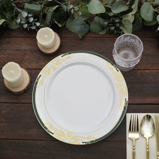 10 Pack | 10" White With Hunter Emerald Green Rim Plastic Dinner Plates, Round With Gold Vine Design