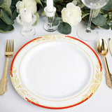 10 Pack | White With Red Rim 10inch Plastic Dinner Plates, Round With Gold Vine Design