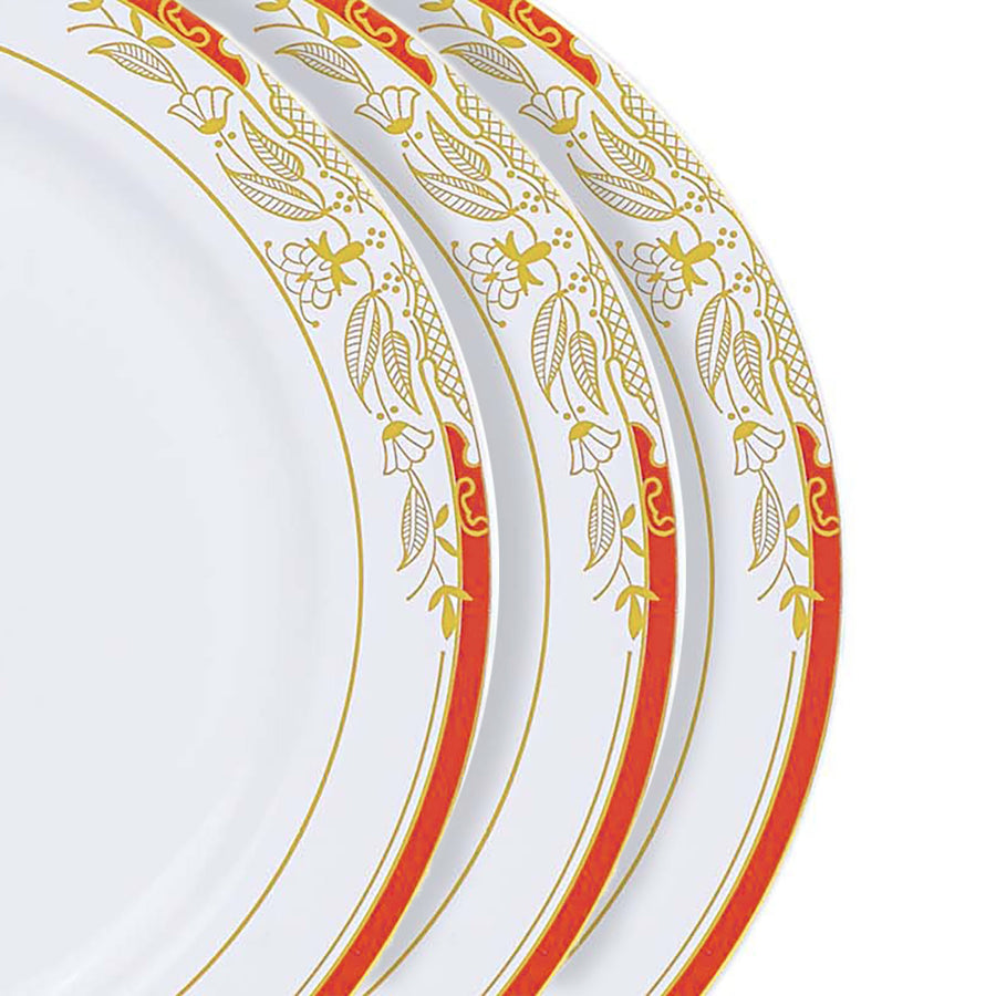 10 Pack | White With Red Rim 10inch Plastic Dinner Plates, Round With Gold Vine Design#whtbkgd
