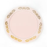 10 Pack | 10Inch Gold Embossed Blush/Rose Gold Plastic Dinner Plates - Round With Scalloped Edges#whtbkgd