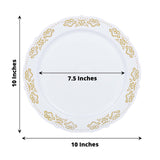 10 Pack | Gold Embossed 10inch Plastic Dinner Plates, Round White/Gold With Scalloped Edges