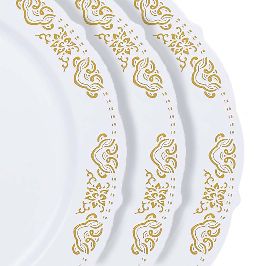 10 Pack Gold Embossed 7.5Inch Plastic Appetizer Salad Plates, Round White/Gold With Scalloped Edges