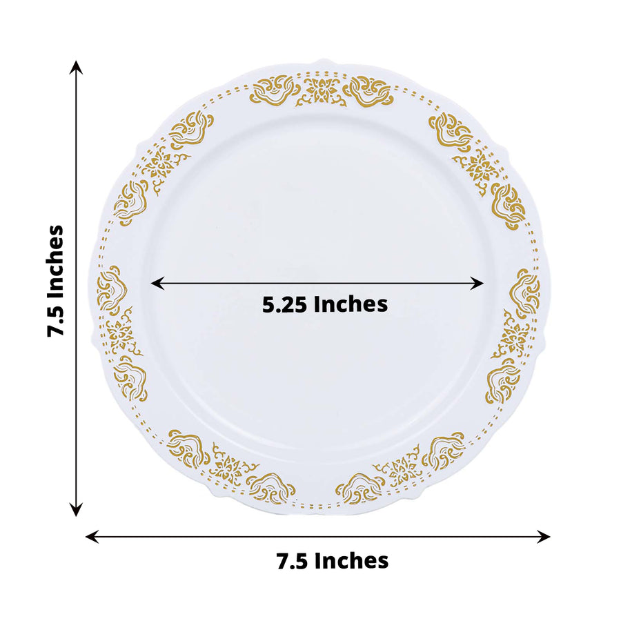 10 Pack Gold Embossed 7.5Inch Plastic Appetizer Salad Plates, Round White/Gold With Scalloped Edges
