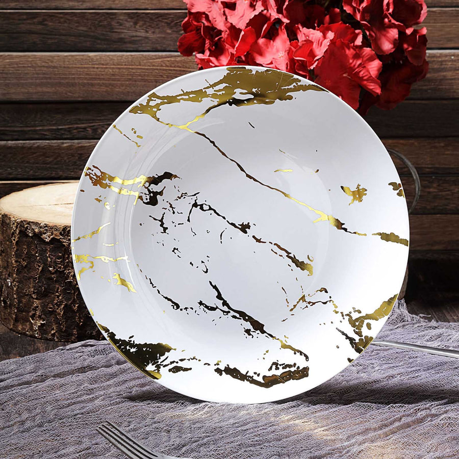 10 Pack | 10inch Gold and White Marble Print Plastic Dinner Party Plates, Disposable Plates