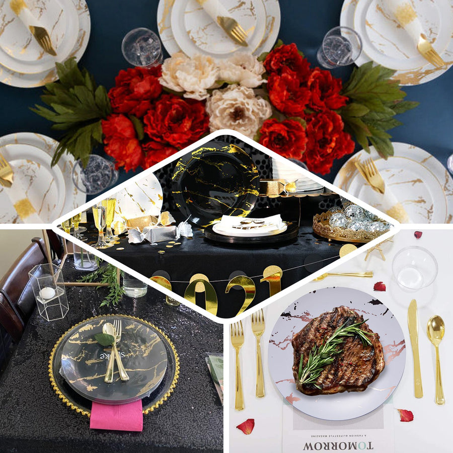 10 Pack | 10Inch Gold and Clear Marble Print Plastic Dinner Party Plates, Disposable Plates
