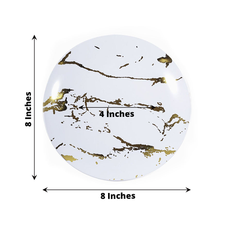 10 Pack | 8inch Gold and White Marble Plastic Appetizer Salad Plates