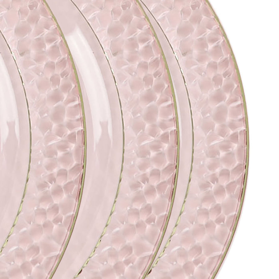 10 Pack | 10inch Blush / Rose Gold Hammered Design Plastic Dinner Plates With Gold Rim#whtbkgd
