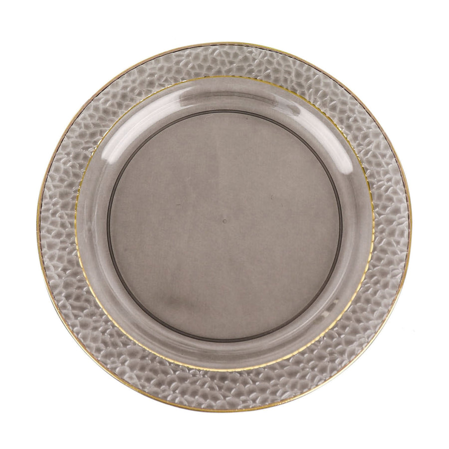 10 Pack | 10inch Opaque Black Hammered Design Plastic Dinner Plates With Gold Rim