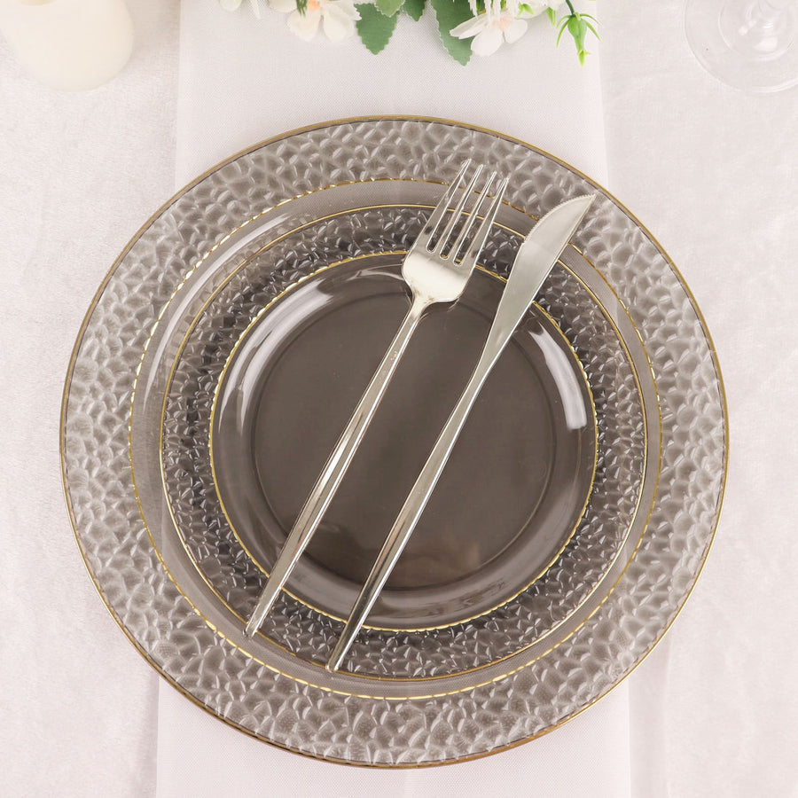 10 Pack | 10inch Opaque Black Hammered Design Plastic Dinner Plates With Gold Rim