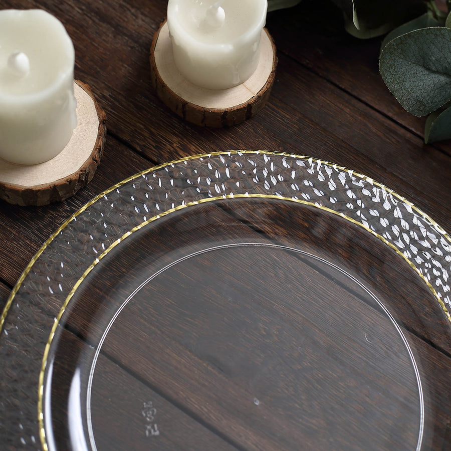 10 Pack | 10inch Clear Hammered Design Plastic Dinner Plates With Gold Rim