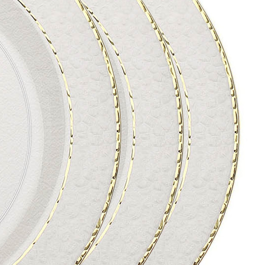 10 Pack | 10inch Clear Hammered Design Plastic Dinner Plates With Gold Rim#whtbkgd