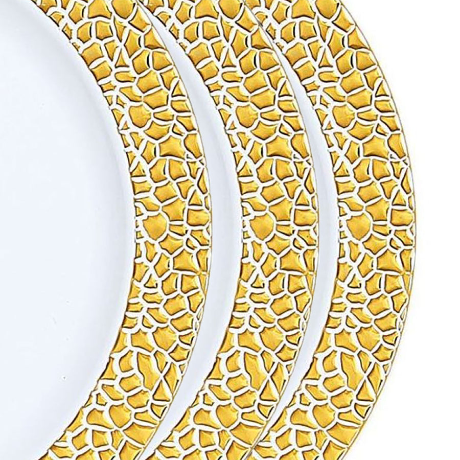 10 Pack | 10inch White Hammered Design Plastic Dinner Plates With Gold Rim#whtbkgd