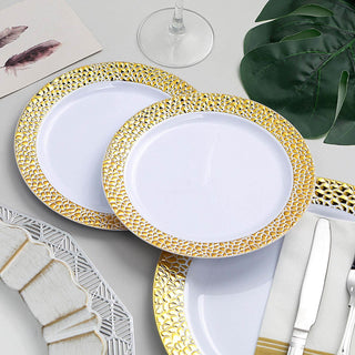 Dine in Style with White Hammered Design Plastic Dinner Plates