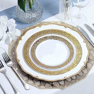 Elegant White Hammered Design Plastic Dinner Plates with Gold Rim