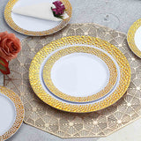 10 Pack | 10inch White Hammered Design Plastic Dinner Plates With Gold Rim