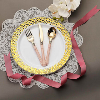 Elegant White Hammered Design Plastic Dinner Plates with Gold Rim