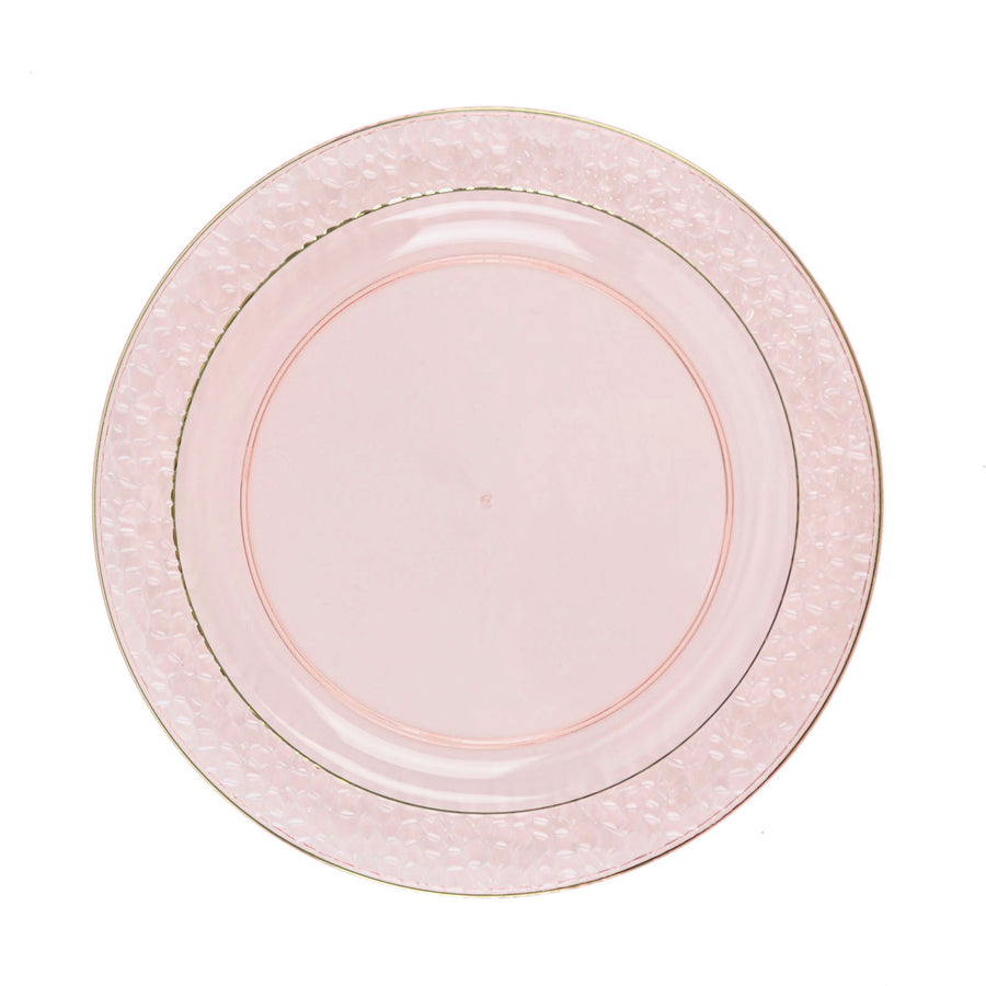10 Pack | 7.5inch Blush / Rose Gold Plastic Salad Plates With Gold Rim And Hammered Design#whtbkgd