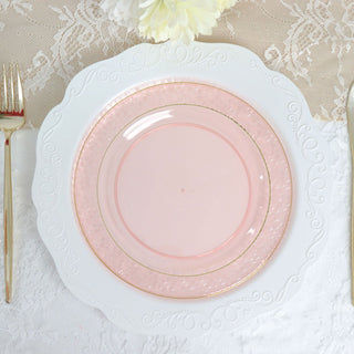 Elegant Blush Plastic Salad Plates with Gold Rim and Hammered Design