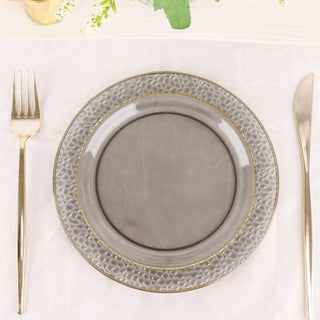 Elegant and Stylish 10 Pack of Opaque Black Hammered Design Plastic Salad Plates with Gold Rim