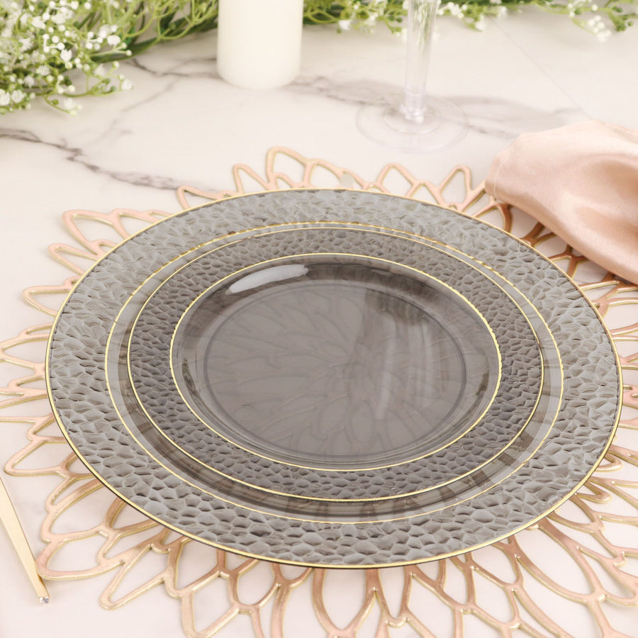 10 Pack | 7.5inch Opaque Black Hammered Design Plastic Salad Plates With Gold Rim
