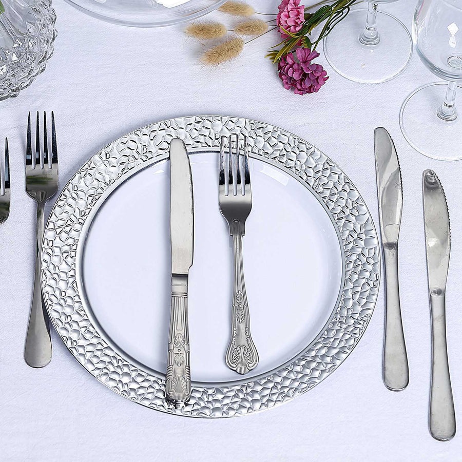 10 Pack | 7.5inch White Hammered Design Plastic Salad Plates With Silver Rim
