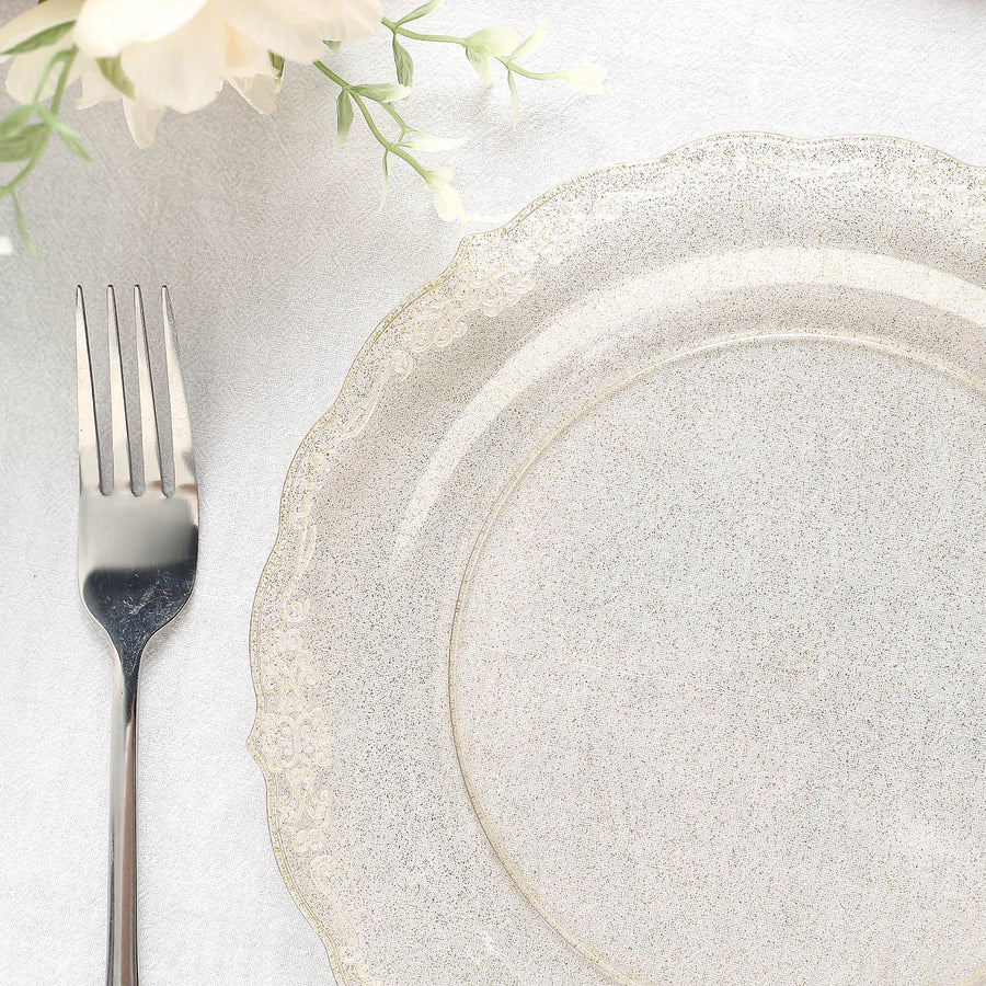 Glittered Premium Plastic Dinner Plates, Disposable Round Plates Scalloped Edges Floral Design Rim