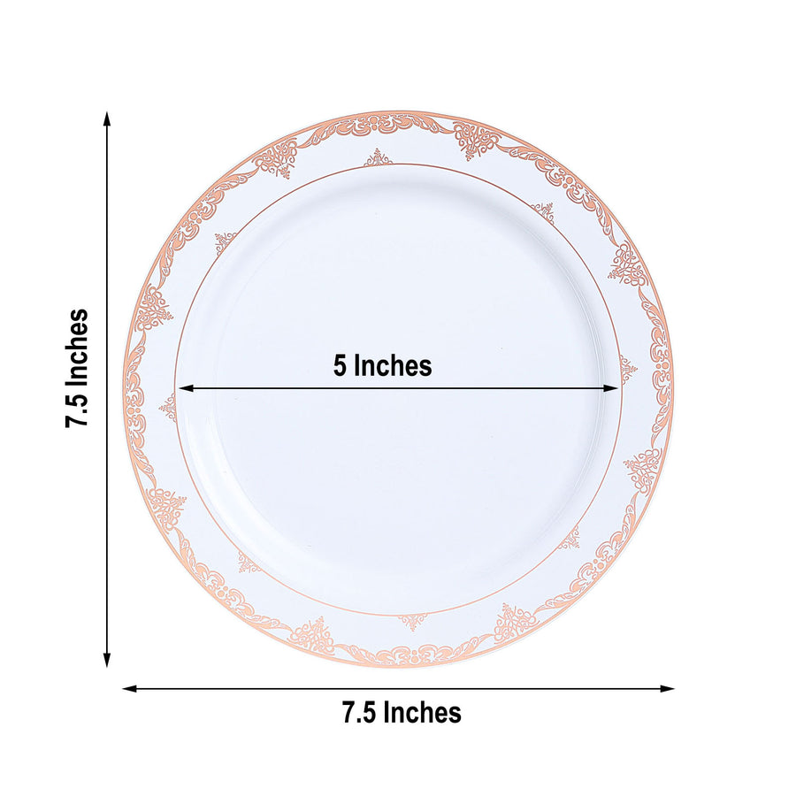 White 7.5inch Rose Gold Lace Rim Plastic Dessert Salad Plates, Round Appetizer Plates Ornate Rim