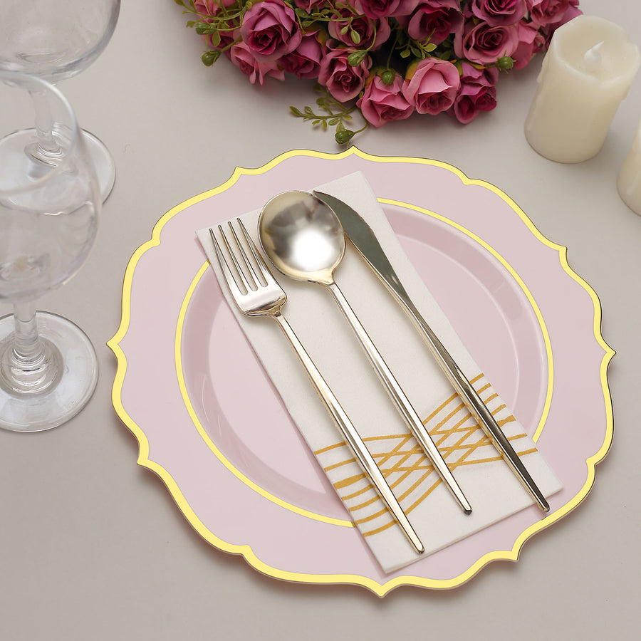 10 Pack | 10Inch Blush / Rose Gold Plastic Dinner Plates Disposable Tableware Round With Gold Rim