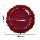 10 Pack | 10inch Burgundy Plastic Dinner Plates Disposable Tableware Round With Gold Scalloped Rim