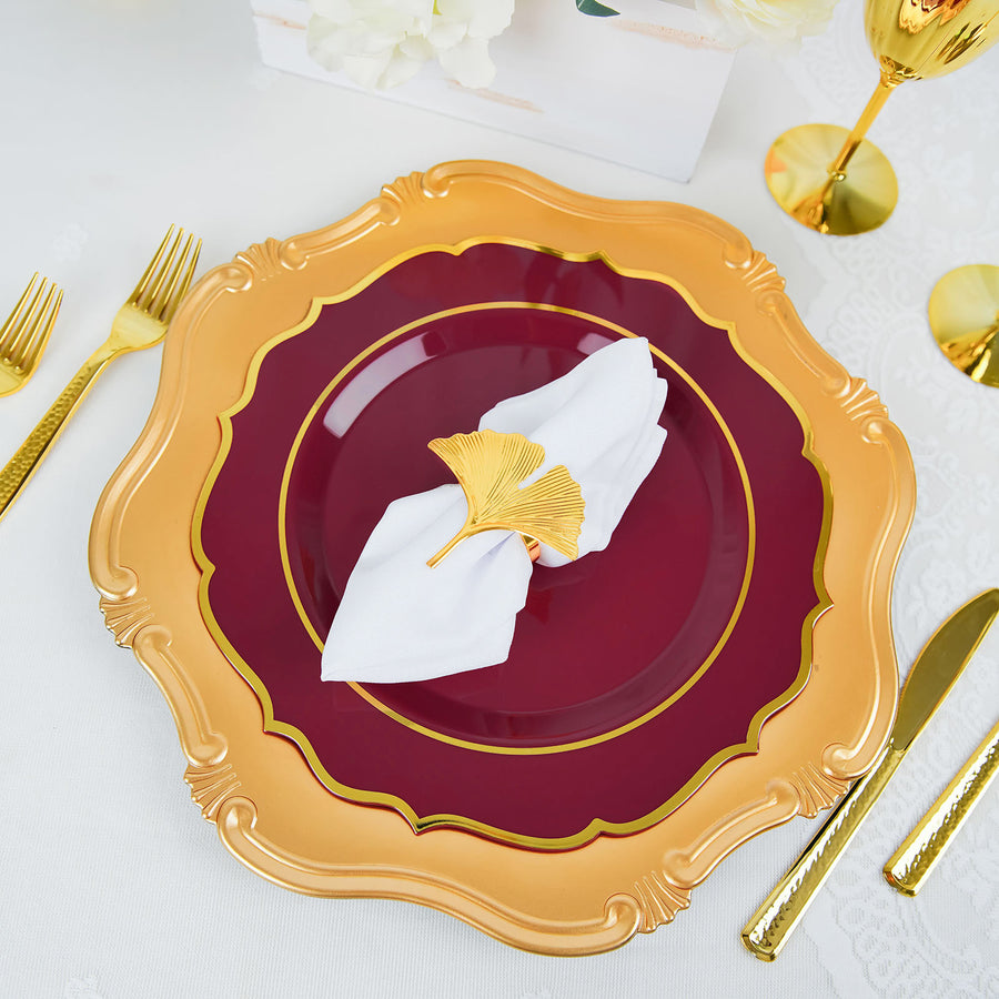 10 Pack | 10inch Burgundy Plastic Dinner Plates Disposable Tableware Round With Gold Scalloped Rim