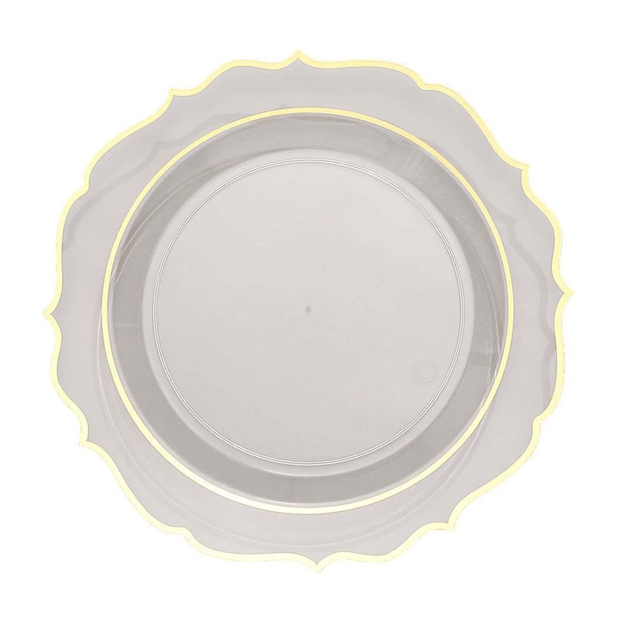 10 Pack | 10Inch Clear Plastic Dinner Plates Disposable Tableware Round With Gold Scalloped Rim#whtbkgd