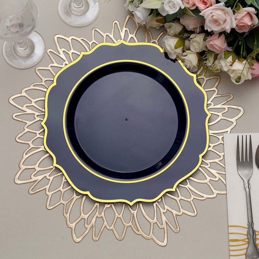 10 Pack | 10Inch Navy Blue Plastic Dinner Plates Disposable Tableware Round With Gold Scalloped Rim