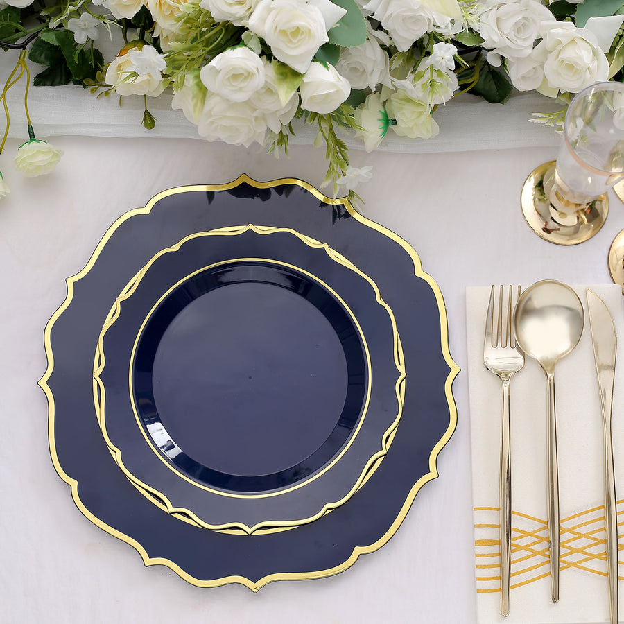 10 Pack | 10Inch Navy Blue Plastic Dinner Plates Disposable Tableware Round With Gold Scalloped Rim