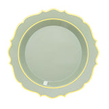 10 Pack | 10Inch Sage Green Plastic Dinner Plates Disposable Tableware Round With Gold Scalloped Rim#whtbkgd