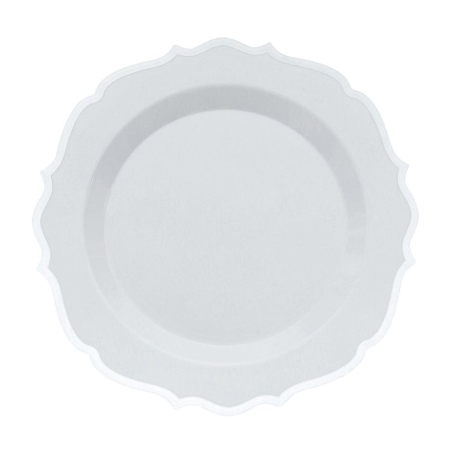 10 Pack | White Plastic Dinner Plates Disposable Tableware Round With Silver Scalloped Rim#whtbkgd