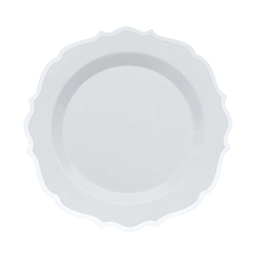 White Plastic Dessert Salad Plates, Disposable Tableware Round With Silver Scalloped Rim#whtbkgd