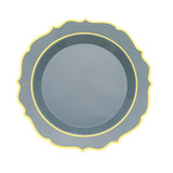 Dusty Blue Plastic Dessert Salad Plates, Disposable Tableware Round With Gold Scalloped Rim#whtbkgd