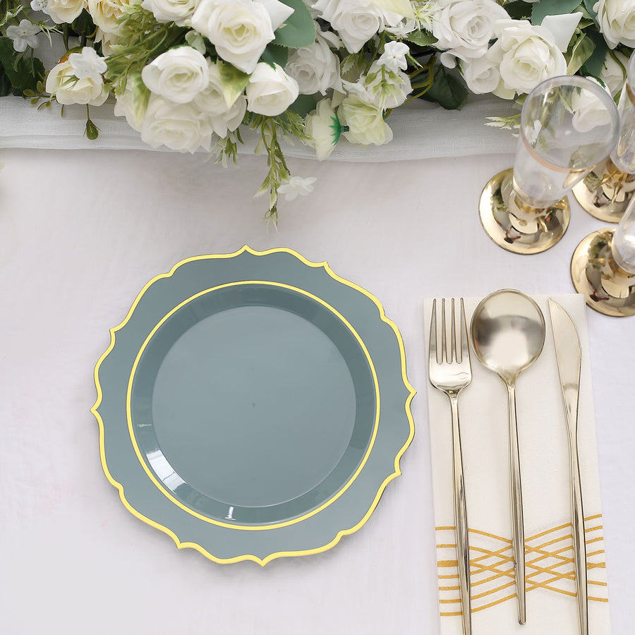 8inch Dusty Blue Plastic Dessert Salad Plates, Disposable Tableware Round With Gold Scalloped Rim