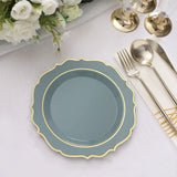 8inch Dusty Blue Plastic Dessert Salad Plates, Disposable Tableware Round With Gold Scalloped Rim