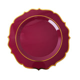 Burgundy Plastic Dessert Salad Plates, Disposable Tableware Round With Gold Scalloped Rim#whtbkgd