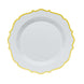 8inch White Plastic Dessert Salad Plates, Disposable Tableware Round With Gold Scalloped Rim#whtbkgd