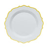 8inch White Plastic Dessert Salad Plates, Disposable Tableware Round With Gold Scalloped Rim#whtbkgd