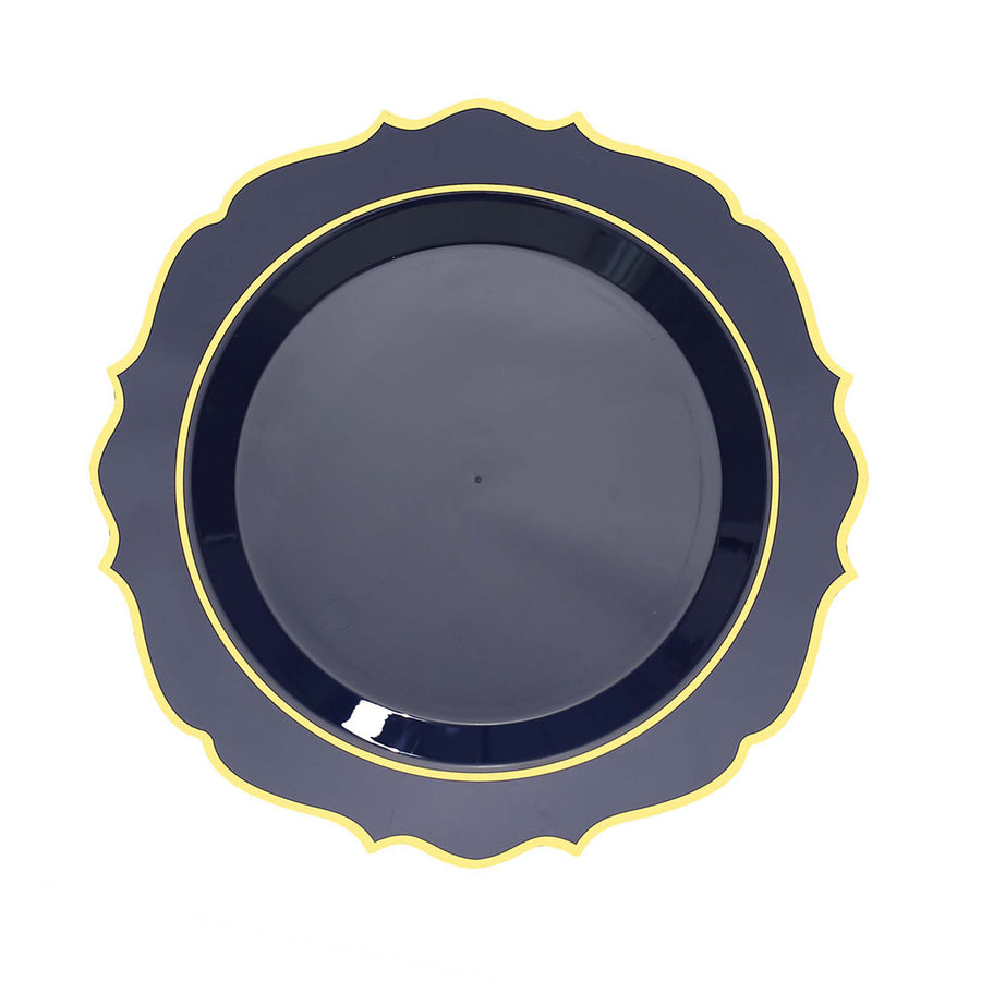 Navy Blue Plastic Dessert Salad Plates, Disposable Tableware Round With Gold Scalloped Rim#whtbkgd