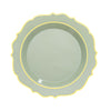 Sage Green Plastic Dessert Salad Plates, Disposable Tableware Round With Gold Scalloped Rim#whtbkgd