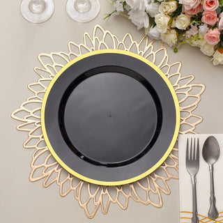 Elegant and Durable: 10 Pack of Regal Black and Gold Round Plastic Dinner Plates