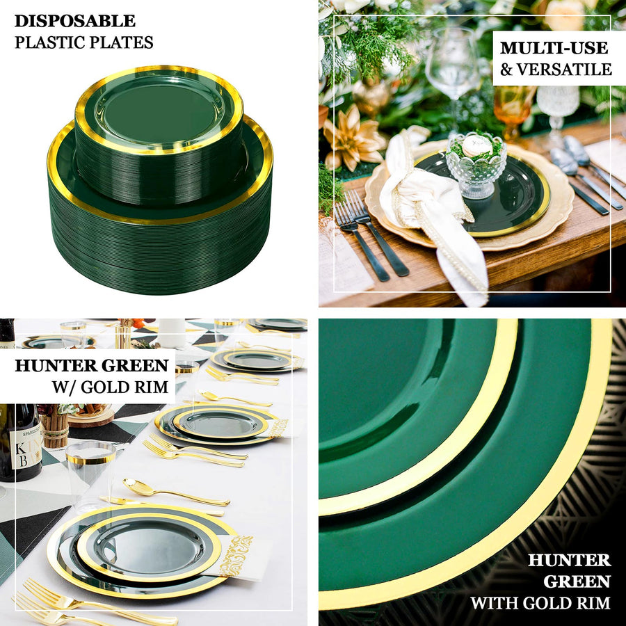 10 Pack | Regal 10inch Hunter Emerald Green and Gold Plastic Dinner Plates - Round