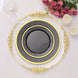 10 Pack | 7Inch Regal Black and Gold Round Plastic Dessert Plates, Disposable Appetizer Salad Plates