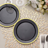 10 Pack | 7Inch Regal Black and Gold Round Plastic Dessert Plates, Disposable Appetizer Salad Plates